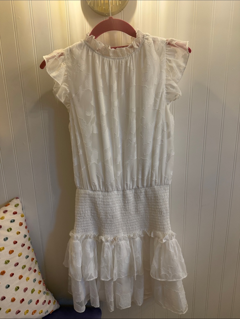 TCEC White Ruffled Hem womens' Dress with Textured Floral Overlay